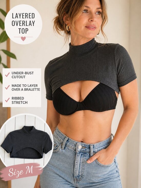 Red By Bke Tops - Layered Overlay Crop Top - Charcoal Gray